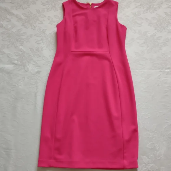Calvin Klein | Dresses | Calvin Klein Hot Pink Sleeveless Princess Seam  Gold Metallic Zipper Pencil Dress | Poshmark